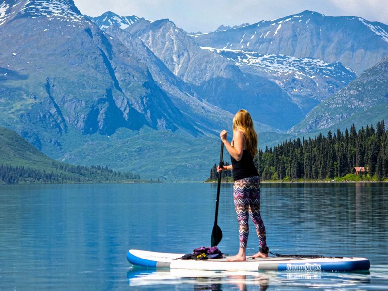 Paddleboarding Chelatna Lake with View of Denali National Park 